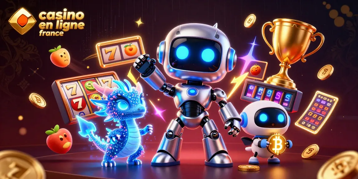 Jouez au casino en ligne France avec une illustration dynamique de robots et des éléments de jeu.