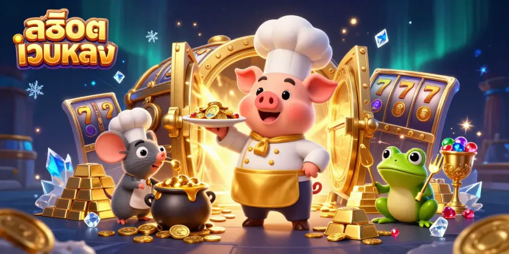 Engaging scene of สล็อตเว็บตรง with a cartoon chef pig serving gold coins amidst slot reels and treasures.