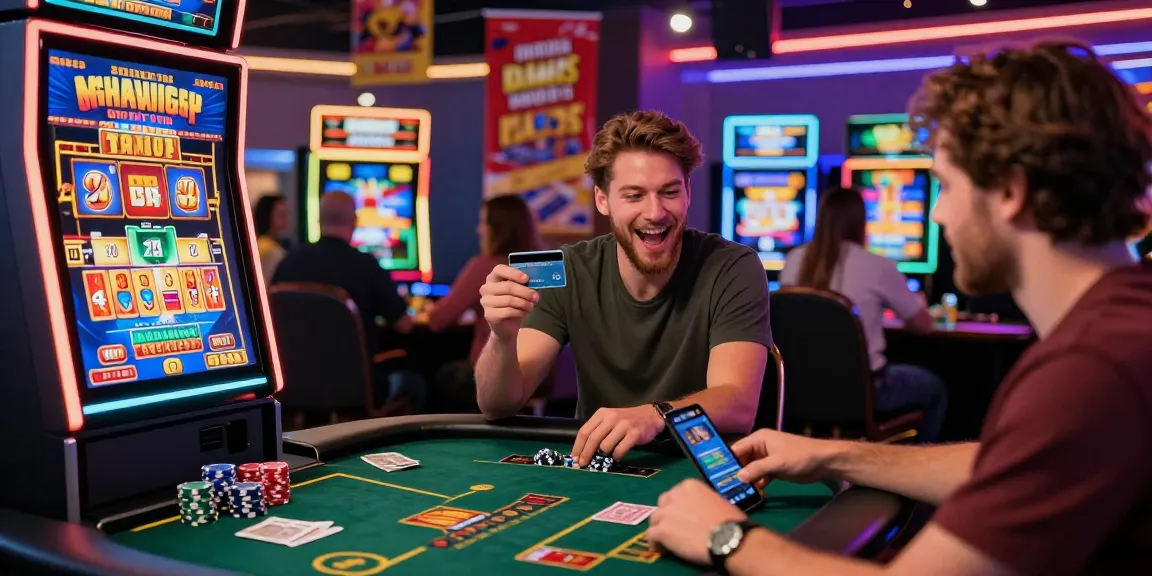 BRCS credit card casinos gaming scene with players celebrating wins and engaging with games.