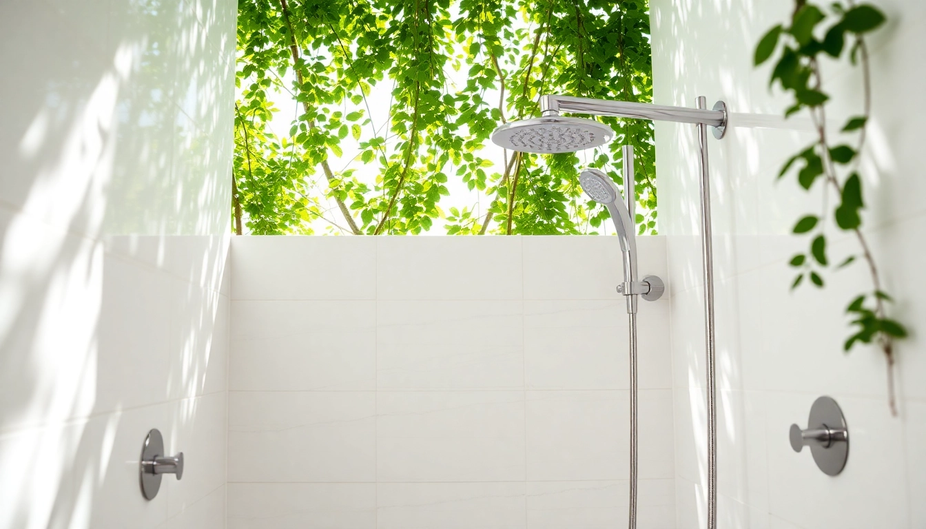 Showcasing the sunny shower usa inc product in a modern bathroom with lush greenery.