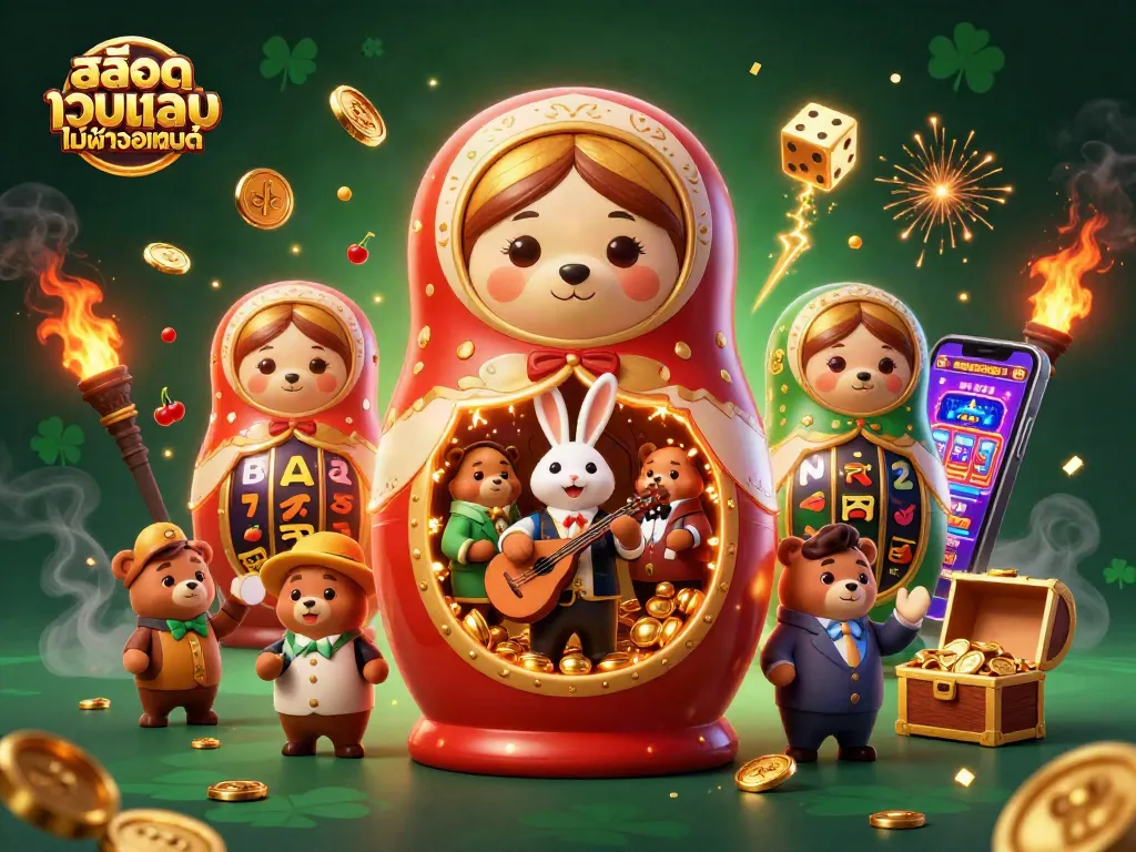 สล็อตเว็บตรงไม่ผ่านเอเย่นต์ แสดงภาพการ์ตูน 3D ที่มีการเล่นเกมคาสิโนและแจ็คพอตที่ระเบิดออกโดยมีหมีและกระต่าย