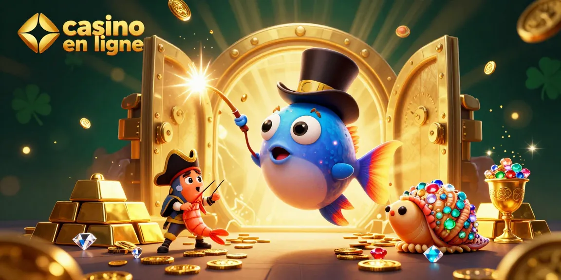 Illustration animée 3D captivante de casino en ligne avec un poisson-lanterne, une crevette pirate et un escargot précieux.