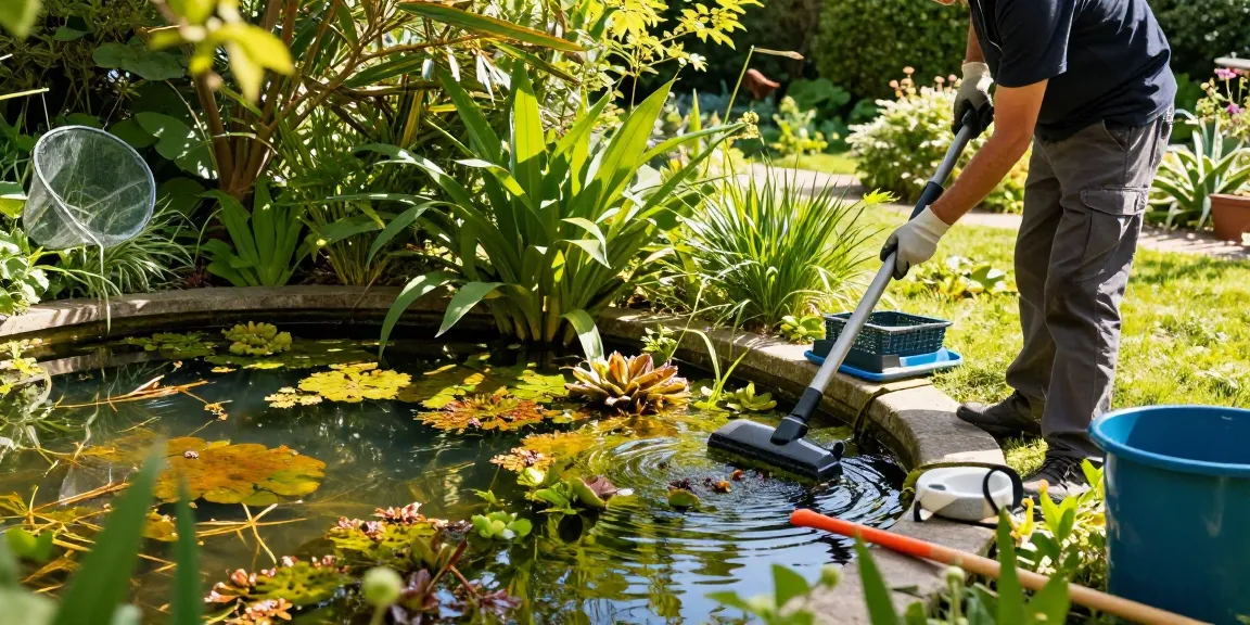Pond Cleaning Sussex expert using vacuum to maintain a vibrant garden pond with aquatic plants under dappled sunlight.