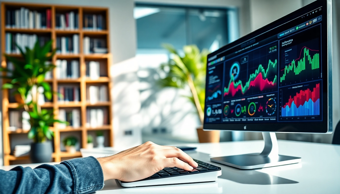Technology workspace showcasing innovative setups and data visualizations in a modern office.