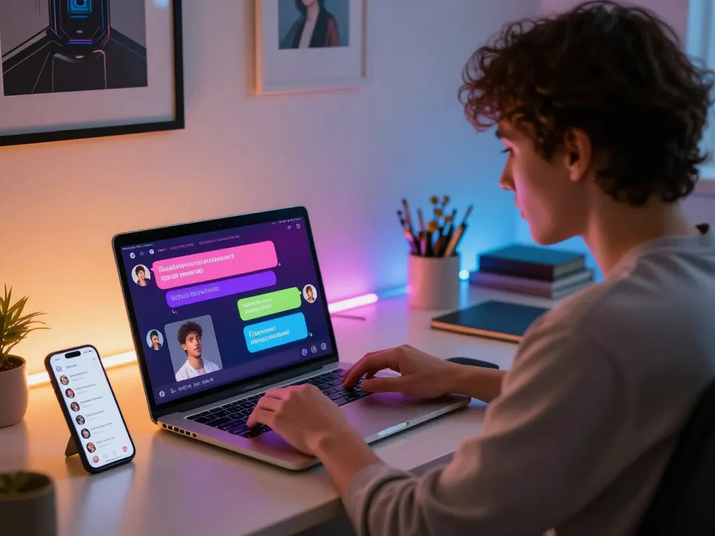 Engaging in AI chat porn interactions on a laptop with vibrant character responses and warm lighting.