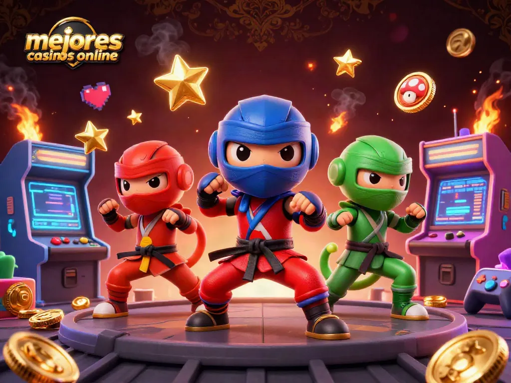 Juega en los mejores casinos online mientras observas a un equipo de ninjas realizando acrobacias de artes marciales.