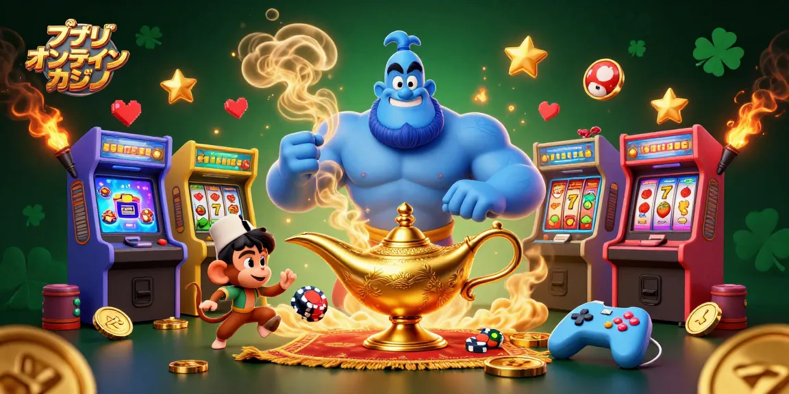 アプリ オンラインカジノのためのダイナミックなカジノイラスト、スロットリールとカラフルなゲーム要素があふれるシーン。