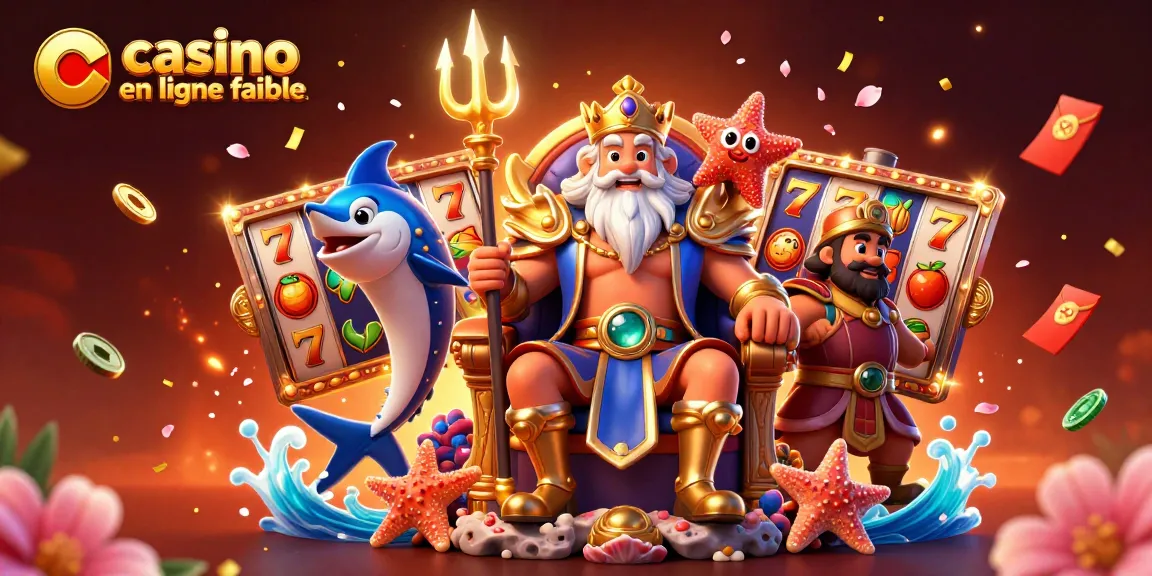 Une illustration animée 3D célébrant un casino en ligne fiable avec Neptune et divers éléments festifs.