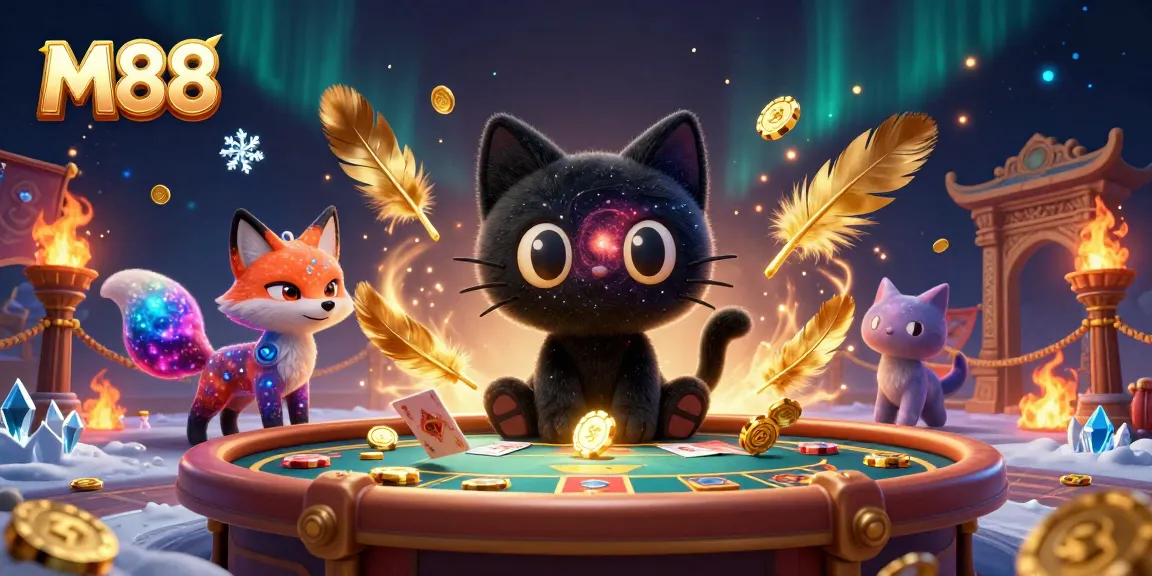 Engage with M88's thrilling cosmic casino table where a black hole cat attracts chips and cards.