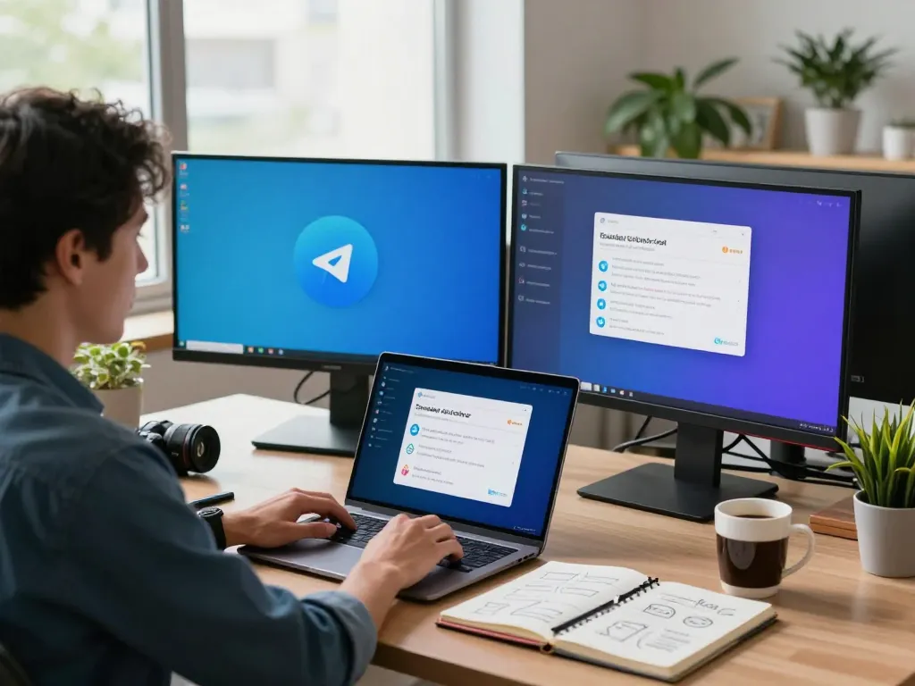 Configuring Telegram 中文 settings in a modern tech workspace with vibrant displays.