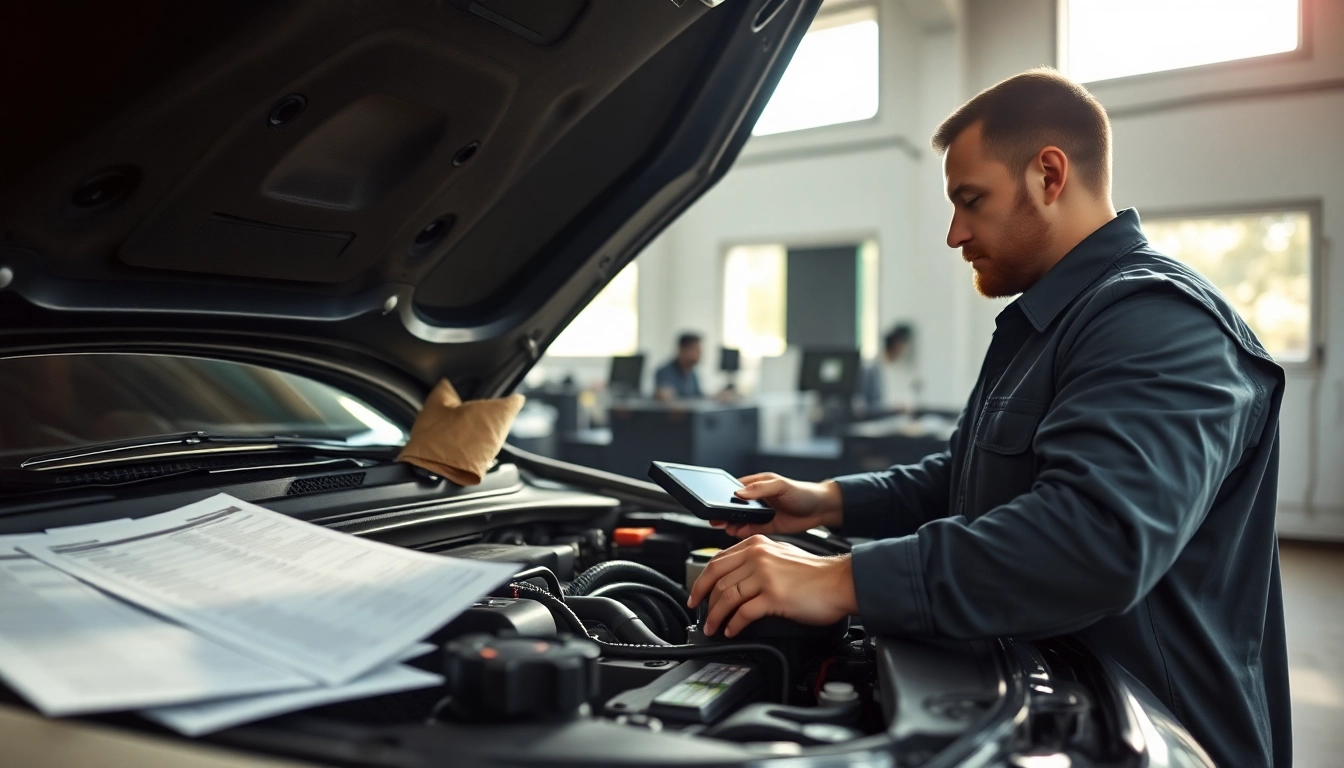 Inspecting extended car warranty for used cars during a diagnostics session in a garage.