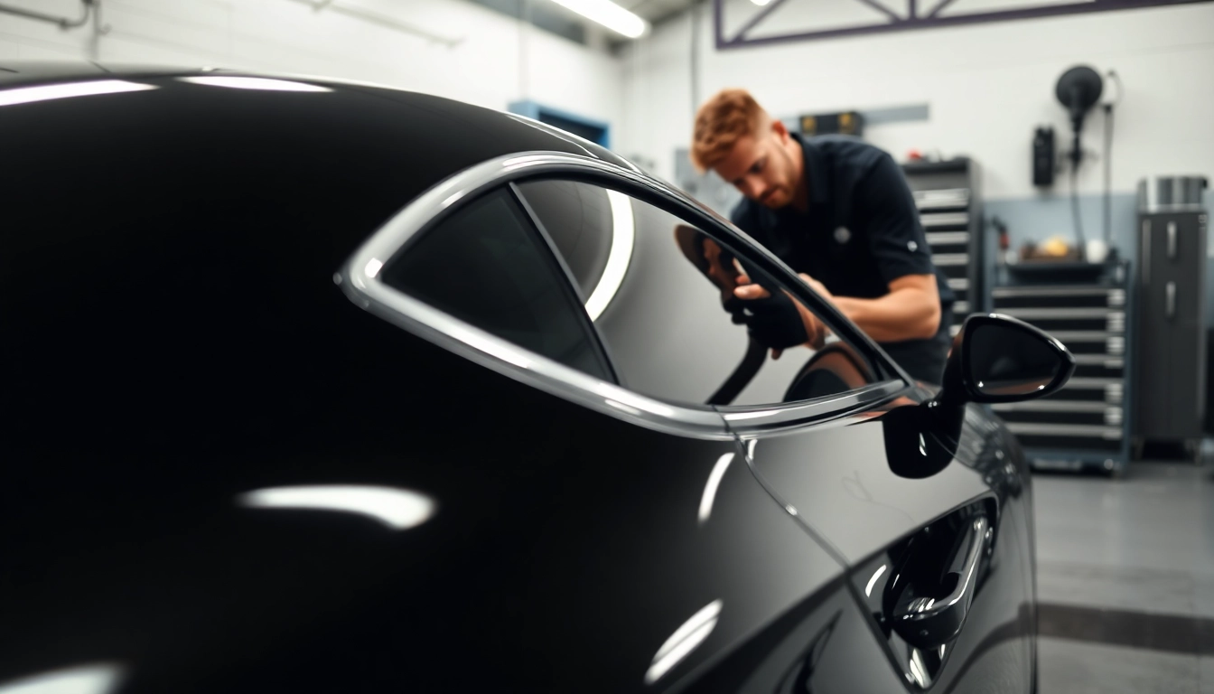 Window tint gift card showcased during a professional car tinting process in a modern garage.