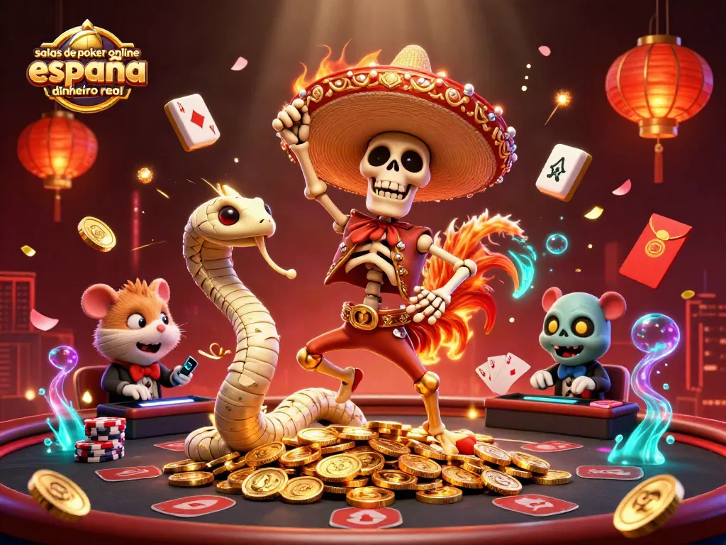 Disfruta de salas de poker online en España con dinero real, acción vibrante en una ilustración colorida.