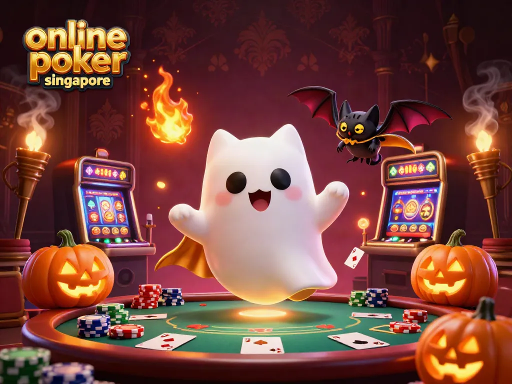 Play exciting online poker singapore with a ghost cat and bat in a haunted casino scene.