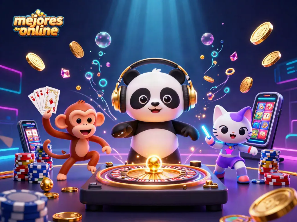 Animación vibrante de mejores casinos online con un panda DJ y un mono en el casino.