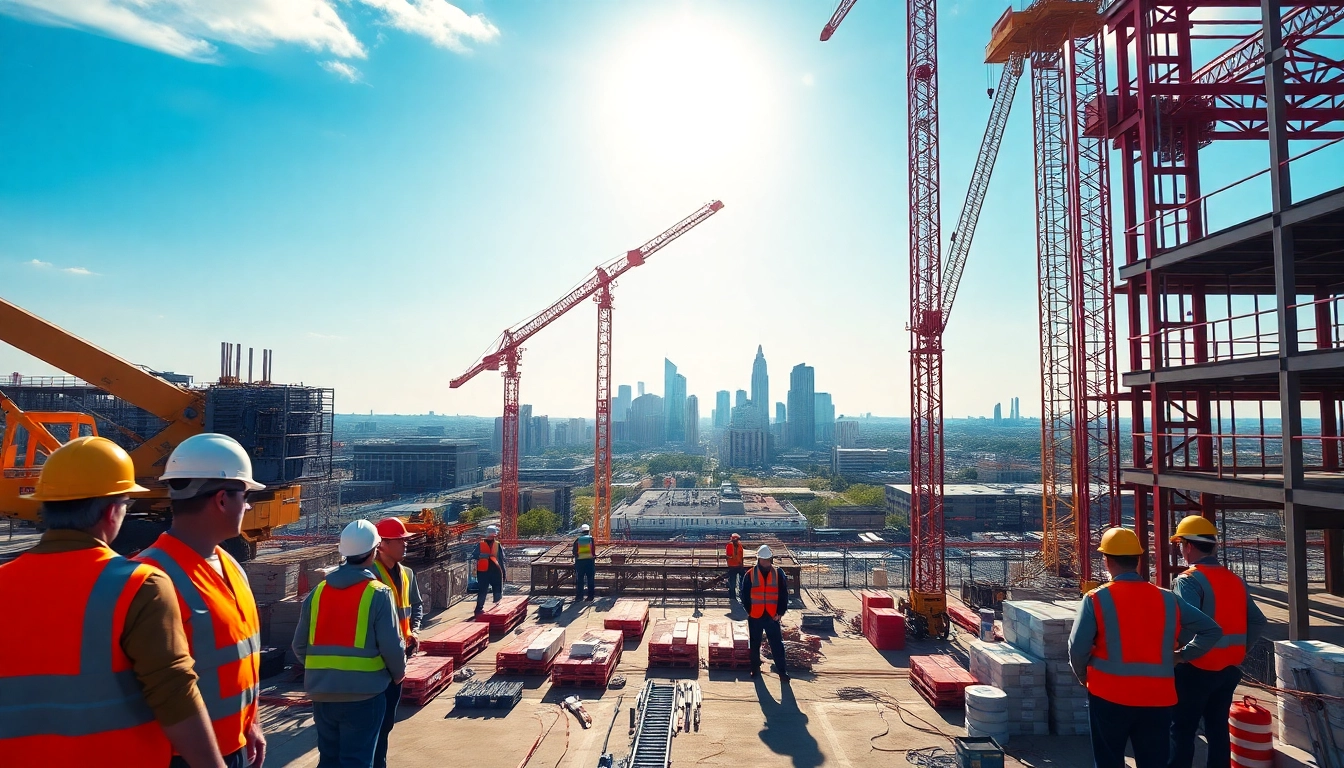 Workers collaborating on a construction site in Austin construction, highlighting teamwork and urban development.