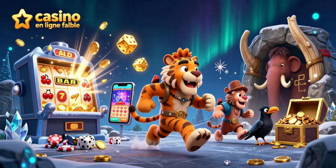 Illustration 3D d'un casino en ligne fiable avec un duo de personnages préhistoriques, symboles de jackpot et billets colorés.