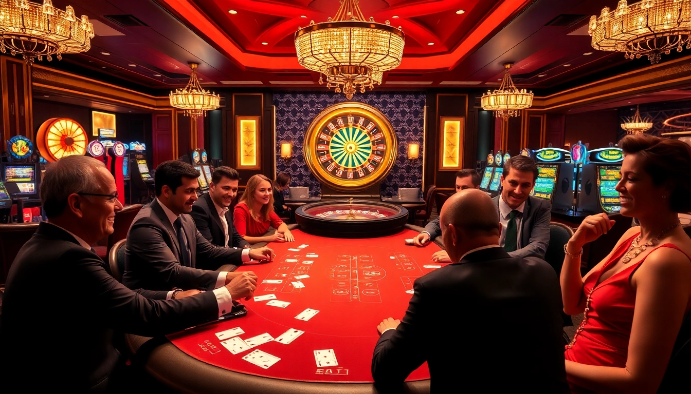 Joueurs engagés à une table de poker à enjeux élevés dans le meilleur casino en ligne France, entourés d'éléments de jeu luxueux.