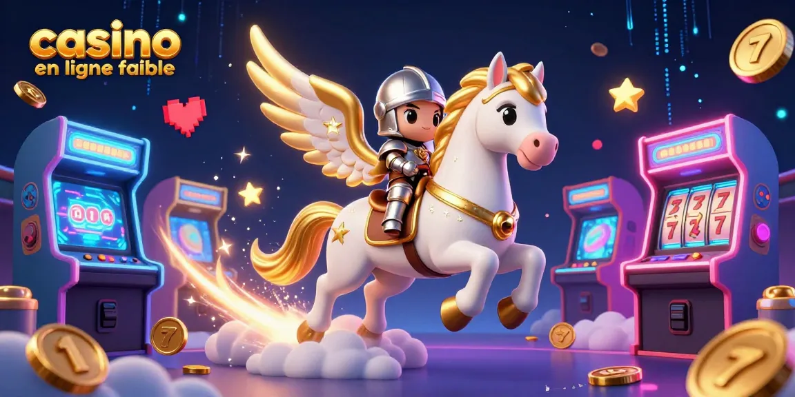 Plongez dans l'univers du casino en ligne fiable avec un cheval céleste et un petit chevalier, entourés d'éléments ludiques.