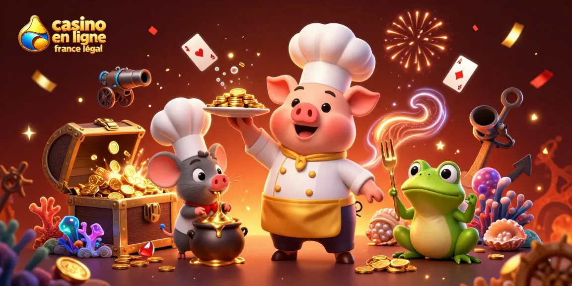 Plongez dans l'univers du casino en ligne légal en France avec un chef cartoon servant des pièces d'or.