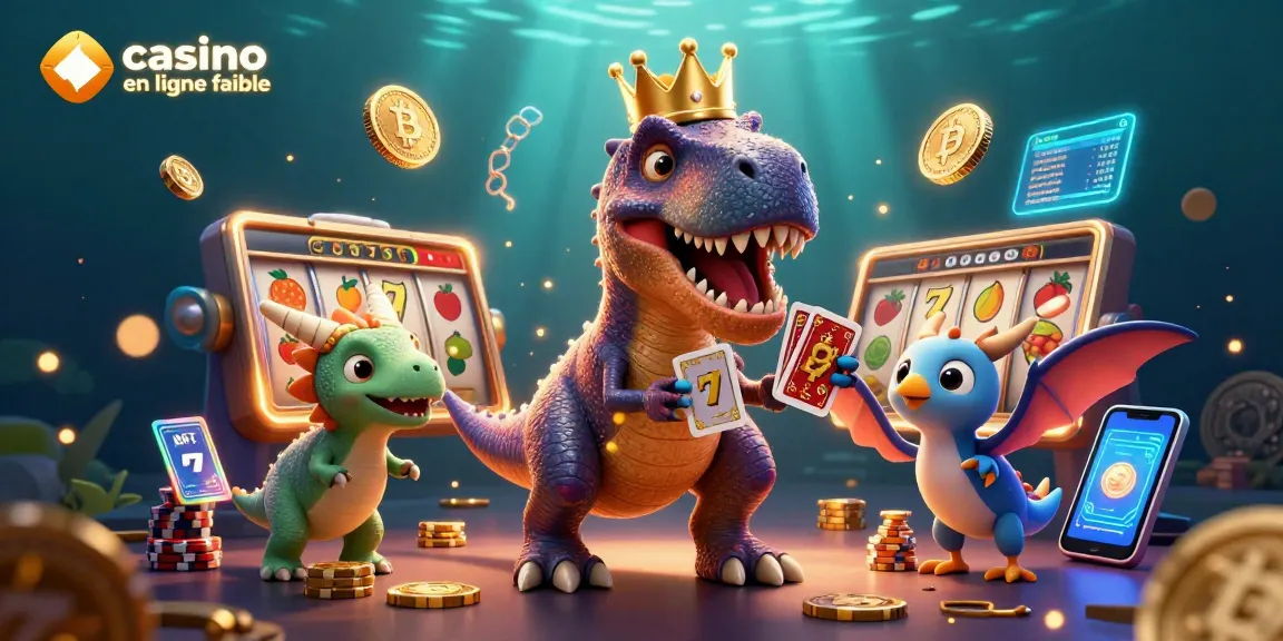 Illustration dynamique d'un T-Rex jouant aux cartes, représentant un casino en ligne fiable.