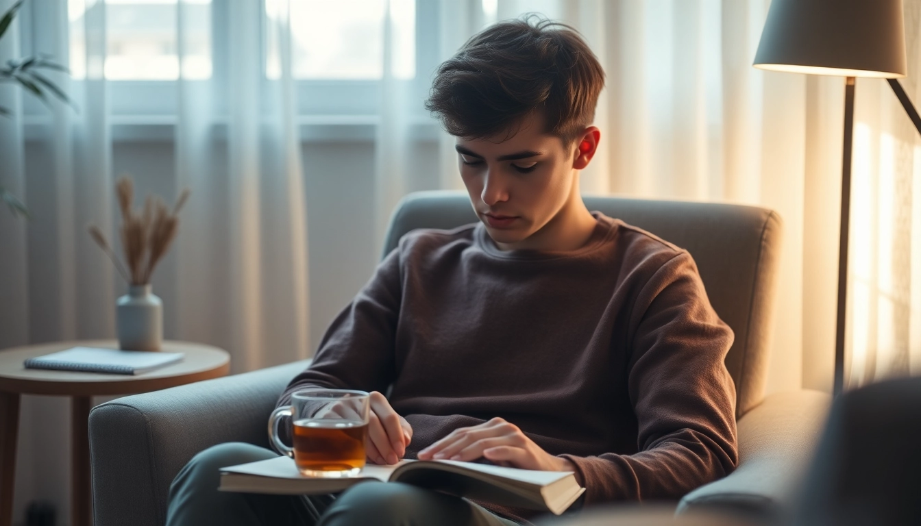 Young adult reflecting on depression symptoms in a calming therapy office.