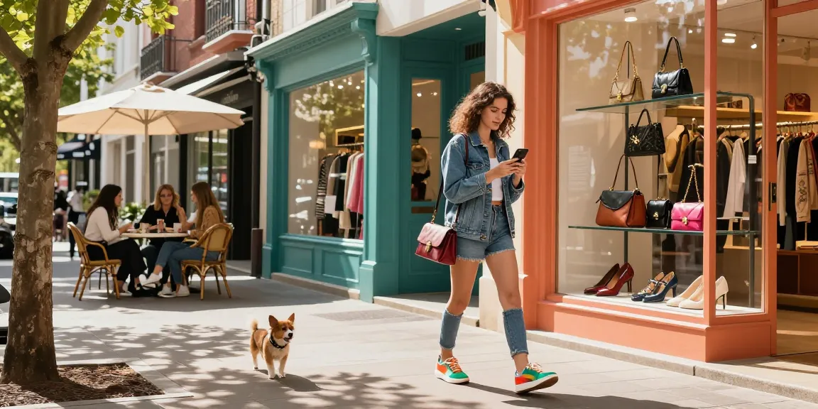 Excited shopper exploring a 레플리카 쇼핑몰 on her phone in a trendy urban setting.