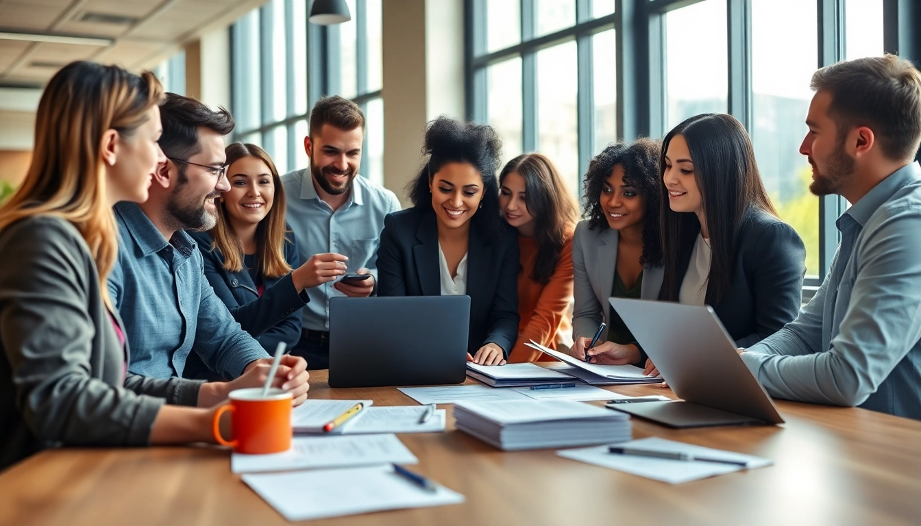 Collaborative professionals engaged in Proposal Writing and Management in a modern office