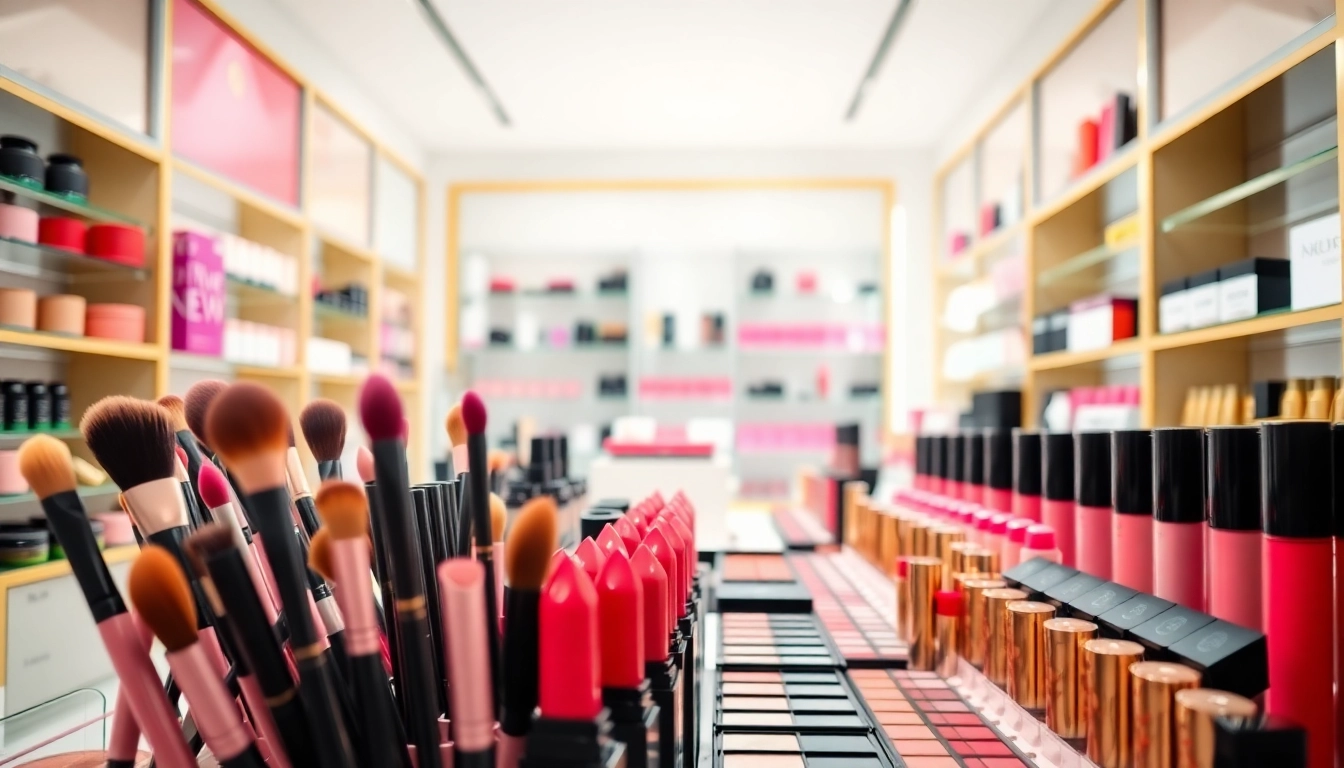 Showcase of products from wholesale makeup suppliers, emphasizing vibrant palettes and brushes.