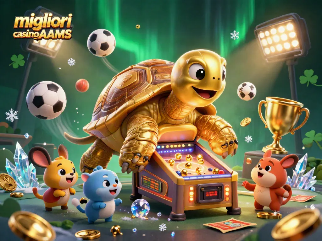 Migliori casino non AAMS in un'illustrazione dinamica con tortuga dorata e animali felici.