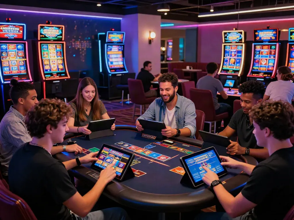 Players enjoying a vibrant gaming lounge with various digital games at top credit card casinos.