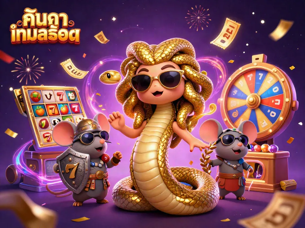 Engage in the excitement of ค้นหาเกมสล็อต with a lively 3D illustration featuring friendly characters, slot elements, and a vibrant atmosphere.