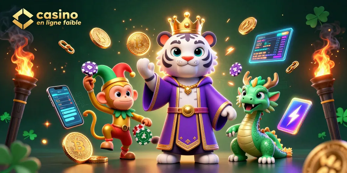 Visualisez le casino en ligne fiable avec cette illustration captivante de personnages et d'éléments de jeu.
