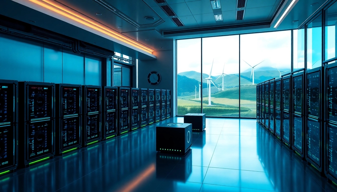 Trusted cloud mining sites showcased in a high-tech facility with renewable energy sources.