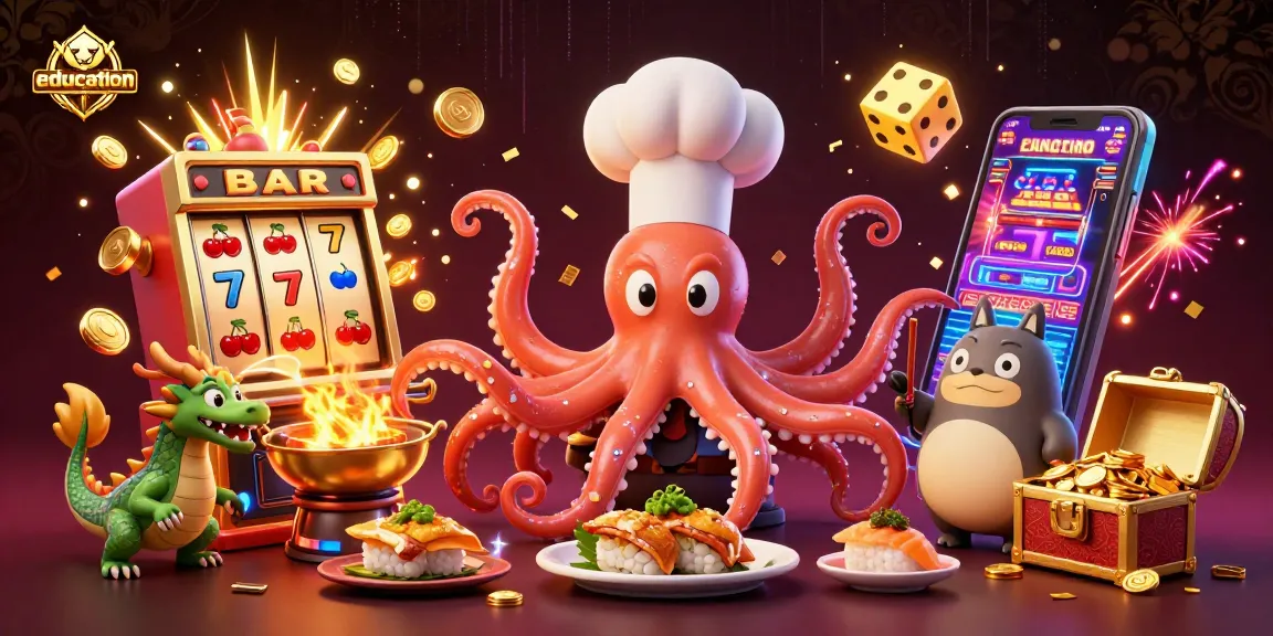 Engage in education through this vibrant gambling scene featuring a sushi chef octopus and dragon.