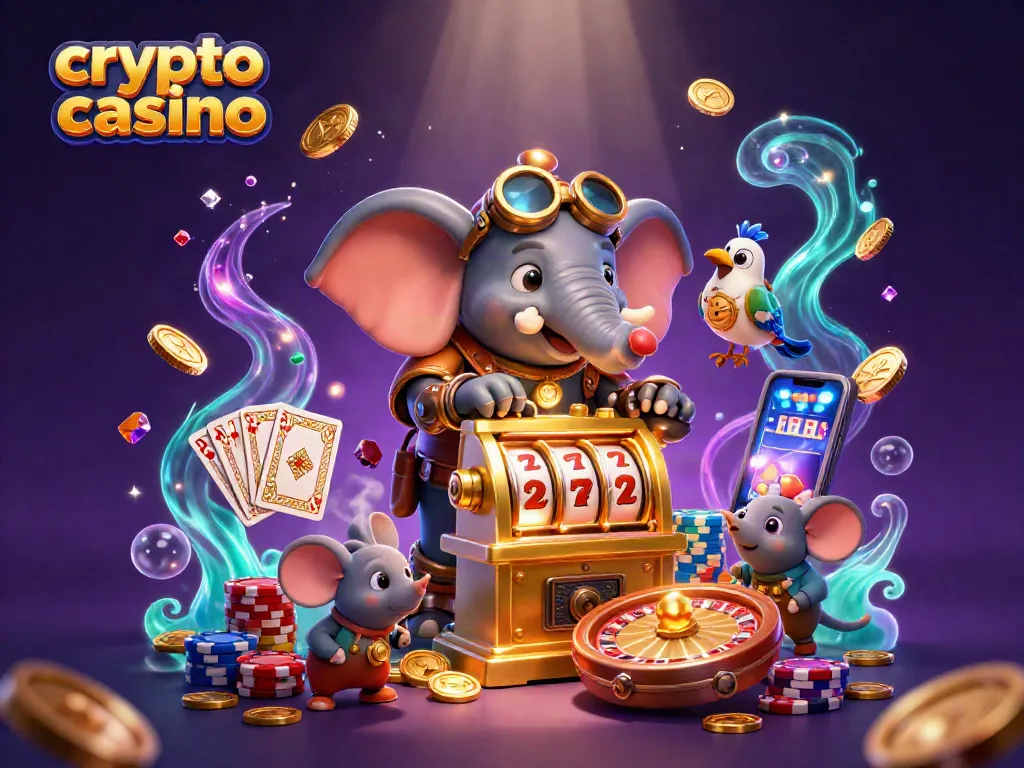 Gioca nel crypto casino con un ingegnere elefante steampunk e slot machine dorate, circondato da monete e gemme volanti.