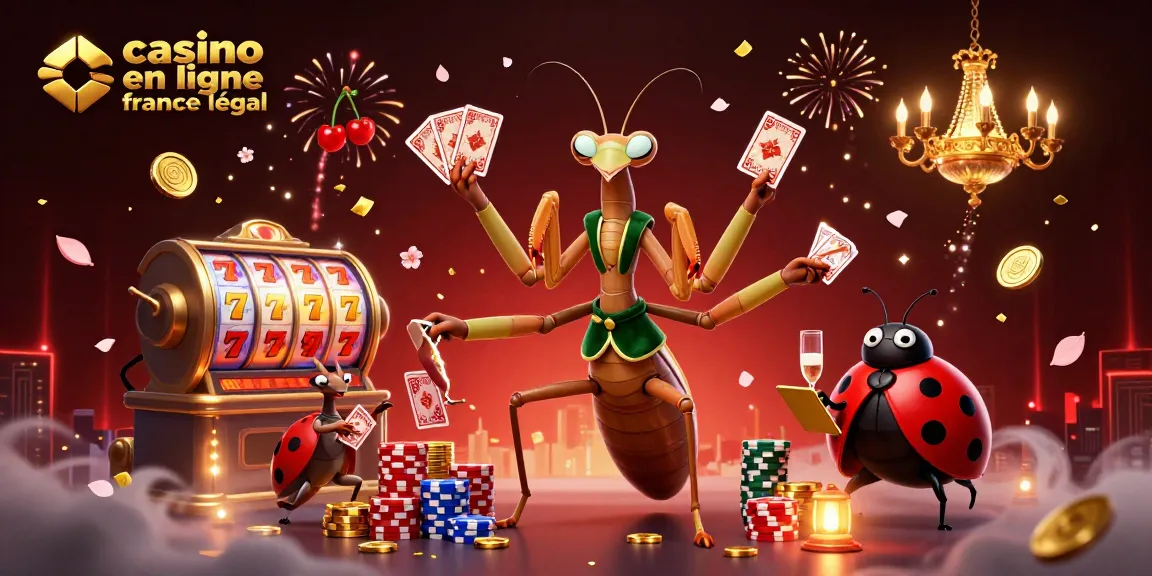 Plongez dans l'univers du casino en ligne France légal avec une scène dynamique de jeux et de personnages animés.