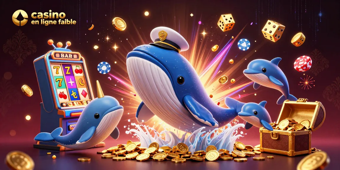 Visualisez un casino en ligne fiable avec un énorme baleine et des dauphins jouant avec des jetons de poker.
