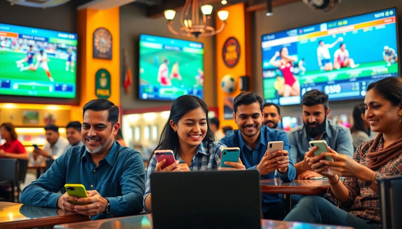Engaged individuals participating in sports betting in India at a café, showcasing excitement and community.