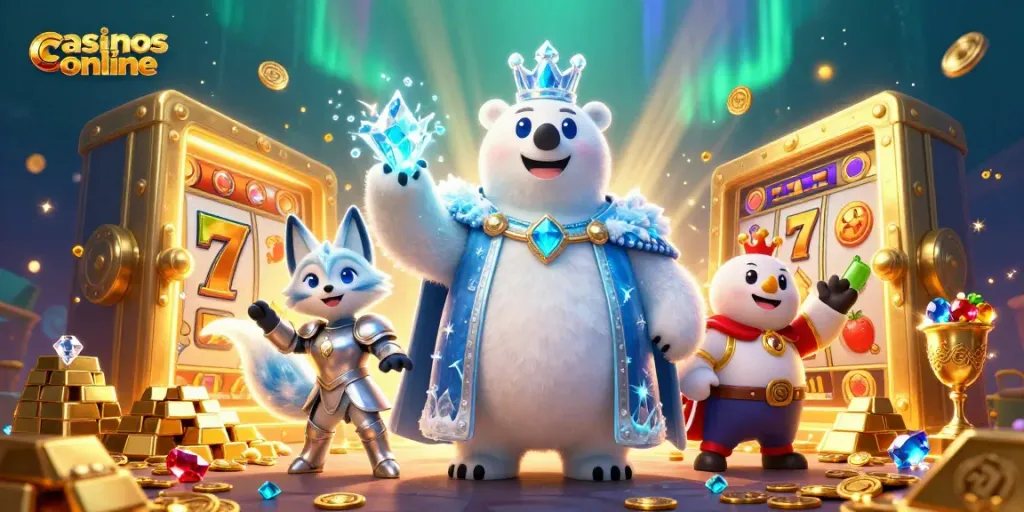 Explora casinos en línea con este emocionante diseño 3D lleno de tesoros y personajes animados.