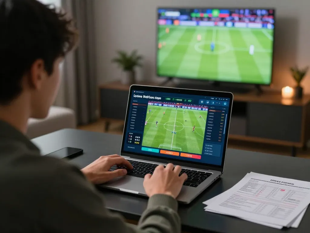 Engaging in qq88 online sports betting with live odds on laptop, showcasing dynamic game action.