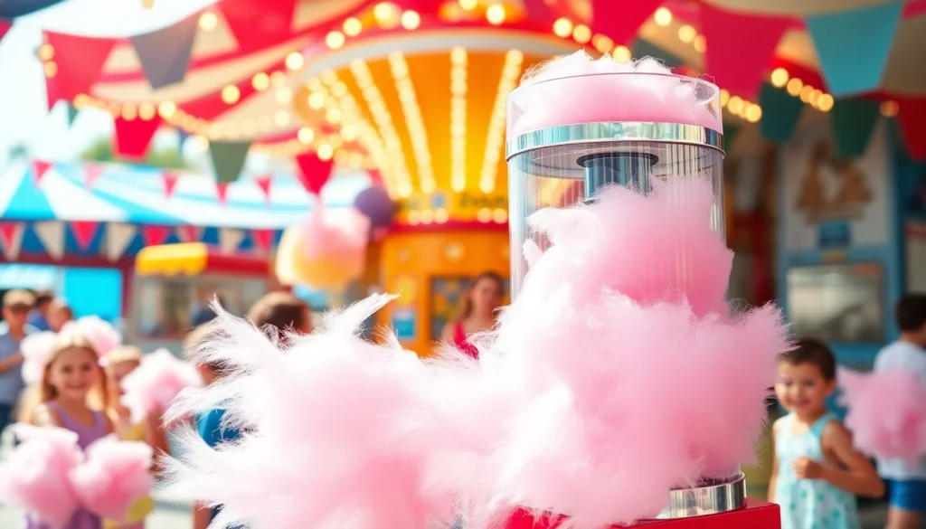 Maak een kleurrijke wafel katoen in een levendige kermisomgeving