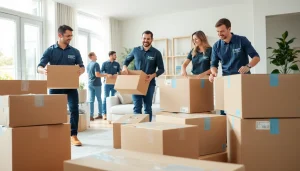 Efficient Toronto moving services team packing in a bright living room to ensure smooth transitions.
