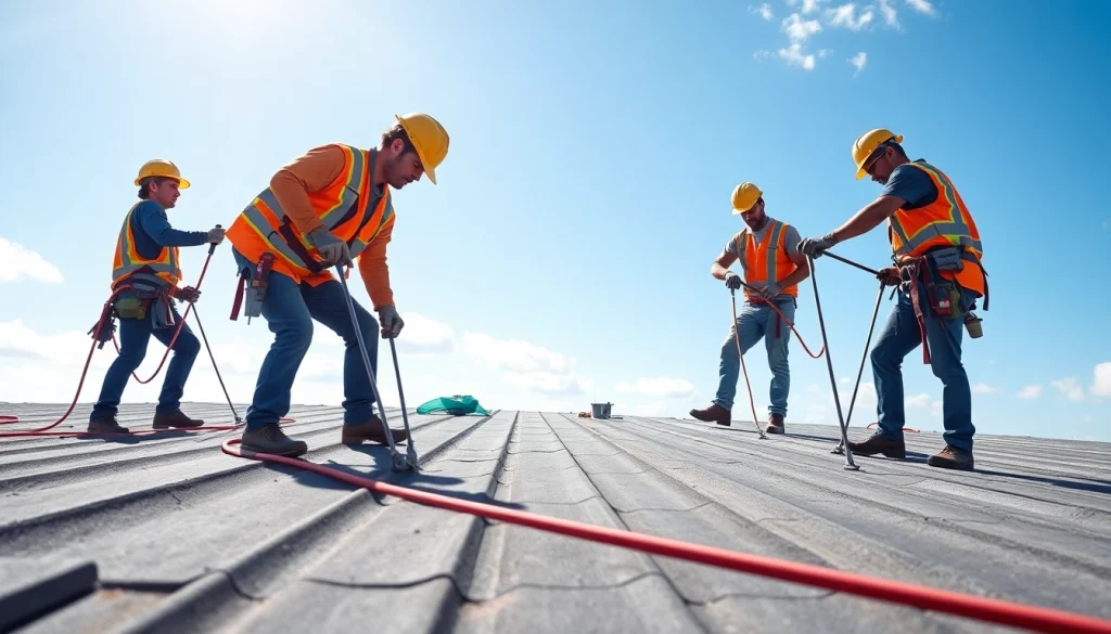 Provide quality commercial roofing services with skilled workers using modern tools on a sunny rooftop.