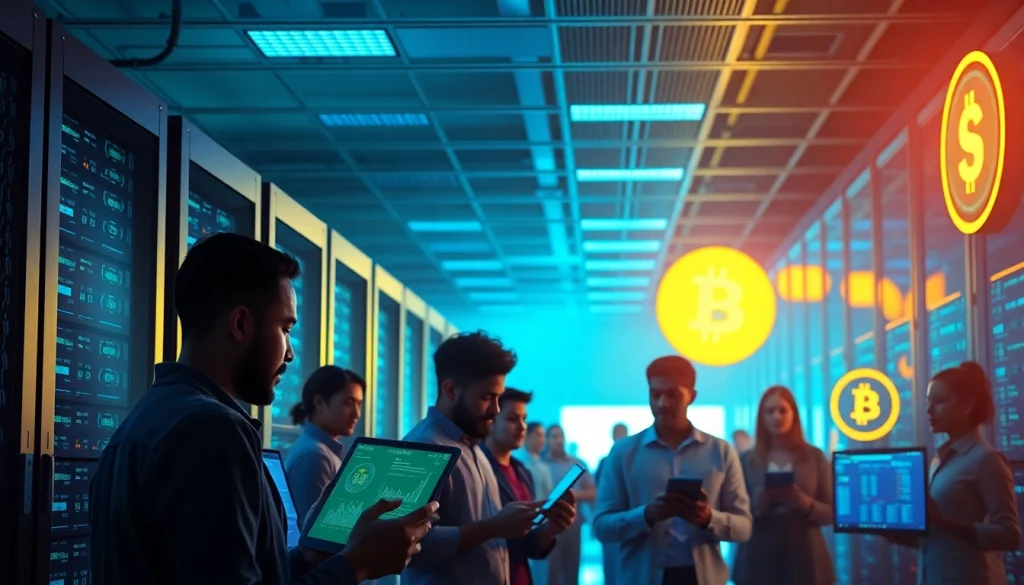 Engaging scene of dogecoin cloud mining with diverse individuals analyzing cryptocurrency data in a modern data center.