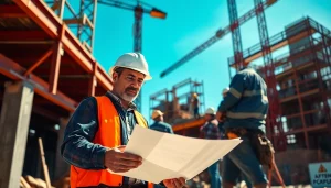 New York City General Contractor reviewing blueprints at an active construction site.