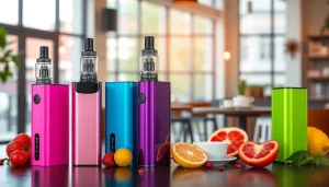 Elfbar Vape-Geräte in verschiedenen Farben auf einem stilvollen Tisch in einem Café angeordnet.