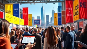 Engaging scene of job seekers exploring free job post new york opportunities at a job fair.