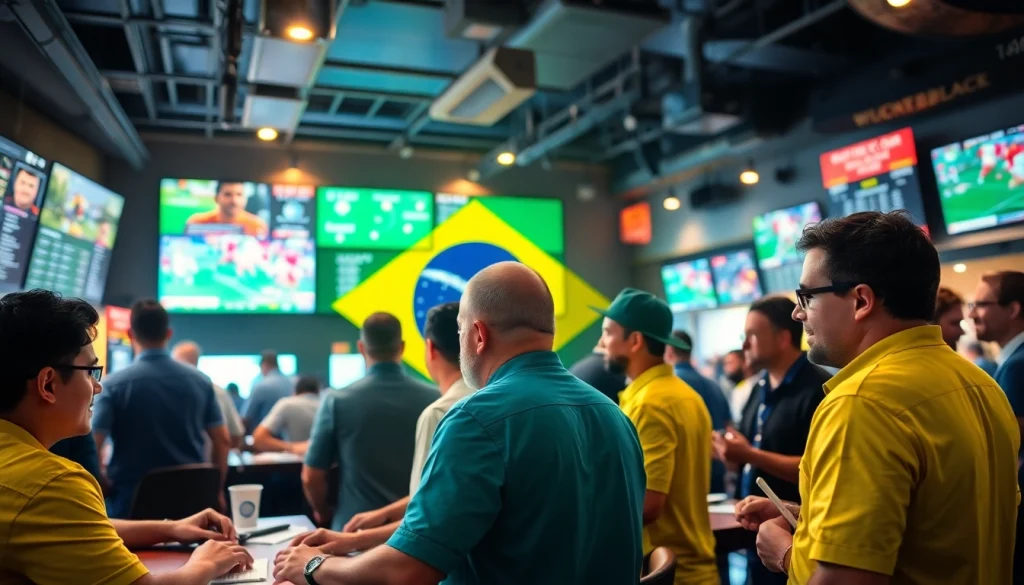 Explore the best sportsbooks in Brazil with vibrant images of bettors in action and lively environments.
