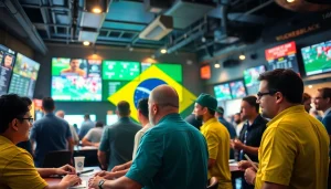 Explore the best sportsbooks in Brazil with vibrant images of bettors in action and lively environments.